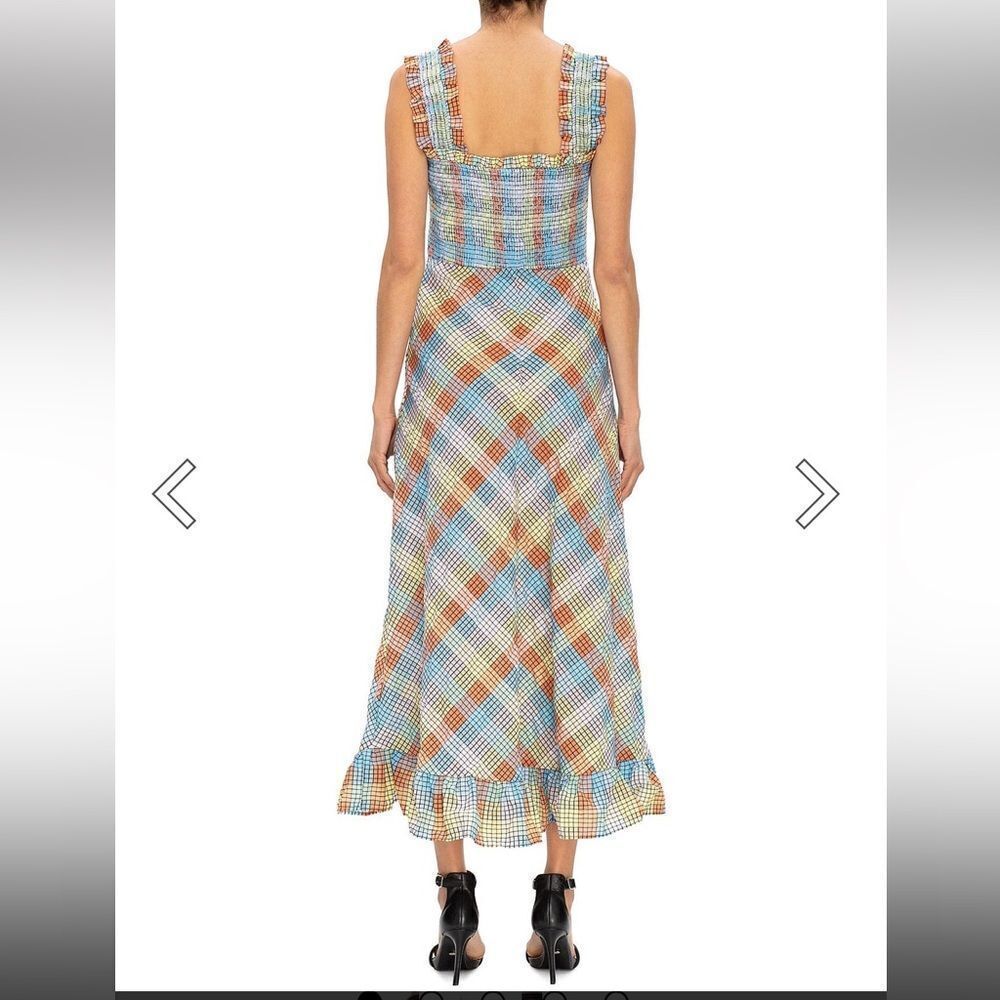 GANNI SEERSUCKER CHECK SLEEVELESS MIDI DRESS smocked cotton summer 42 L - Picture 5 of 14